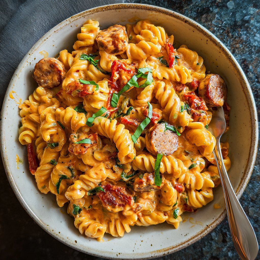 One Pot Cajun Sausage Pasta with Tomato Cream Sauce